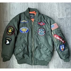 Boys MA-1 Bomber Jacket Military Flight Top Gun Patches Olive Green Youth Size 8